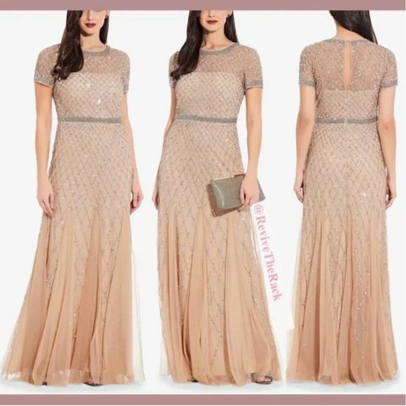 $328 Adrianna‎ Papell Cap Sleeve Beaded Mesh Gown Champagne [Petite 2P ]
